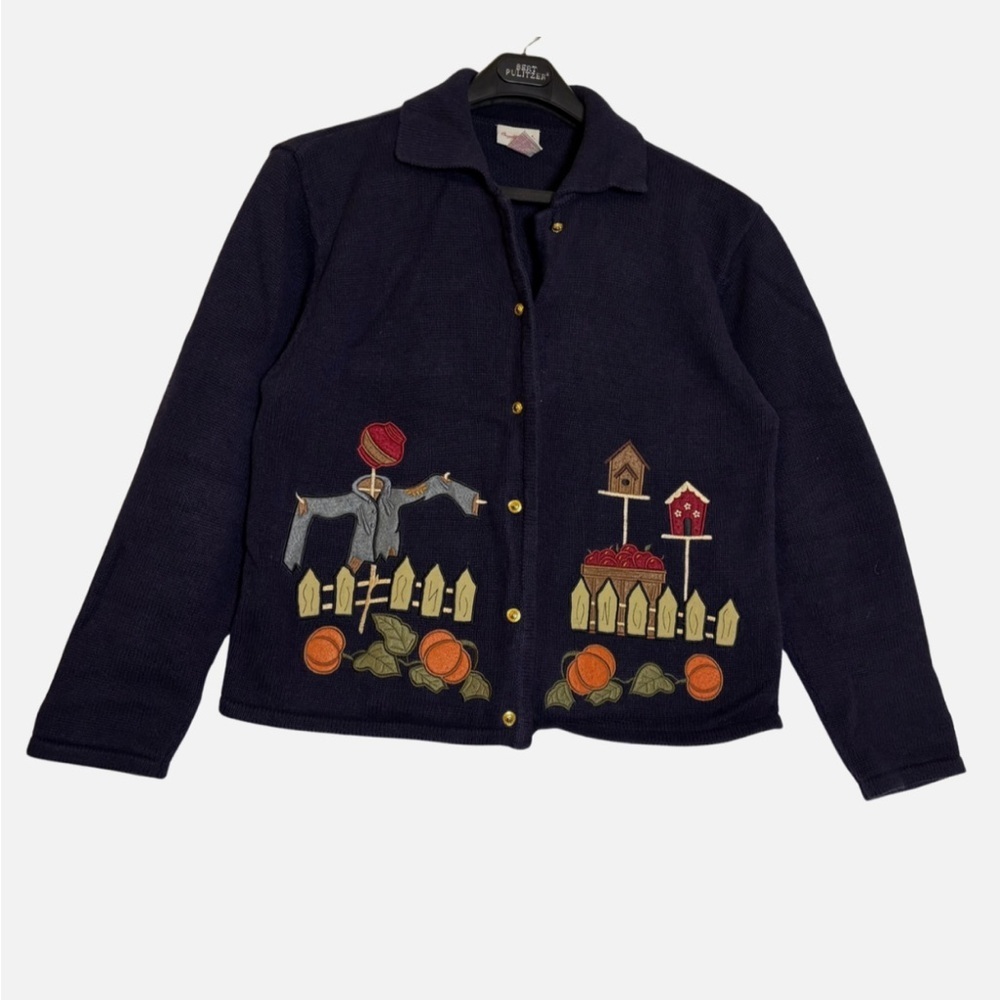 VTG 90s Cardigan Sweater Fall Apples Pumpkins Autumn M Cabincore Gorpcore